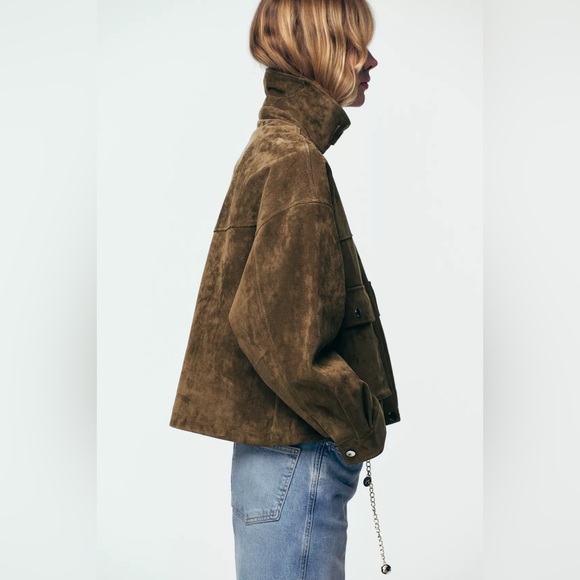Zara Olive Brown natural suede leather bomber jacket - Picture 7 of 11